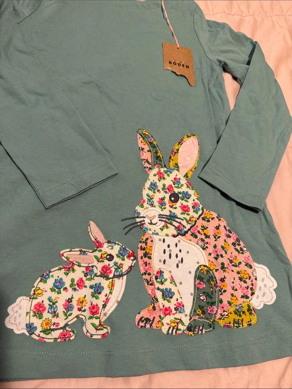 Mini Boden Teal Green Long-Sleeve Dress with Floral Bunny Appliqués